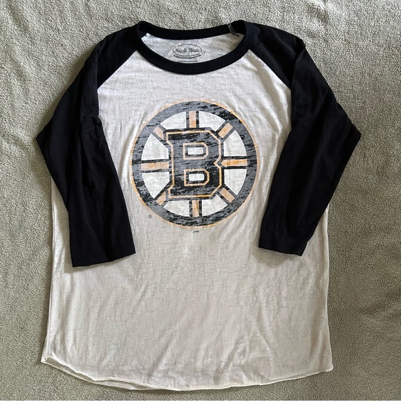 Majestic Threads Boston Bruins Black Raglan Slub Jersey 3/4 Sleeve T Shirt - Picture 1 of 12